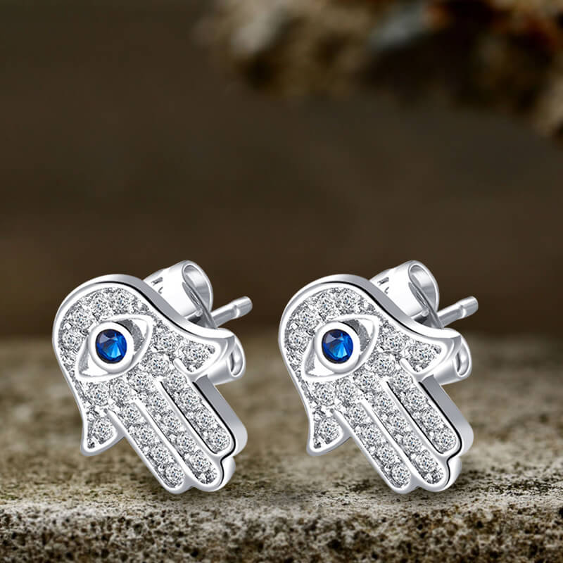 Hamsa Hand Brass Zircon Stud Earrings