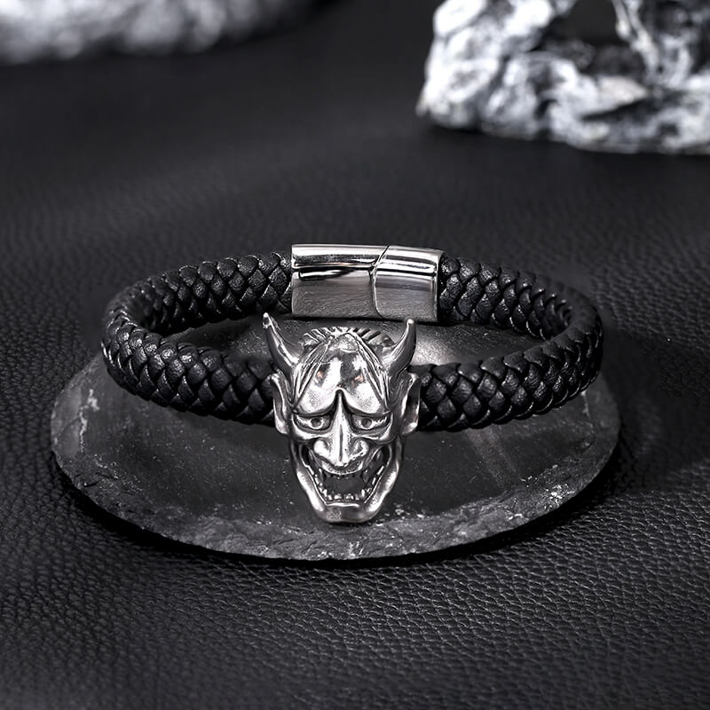 Hannya Oni Stainless Steel Leather Bracelet