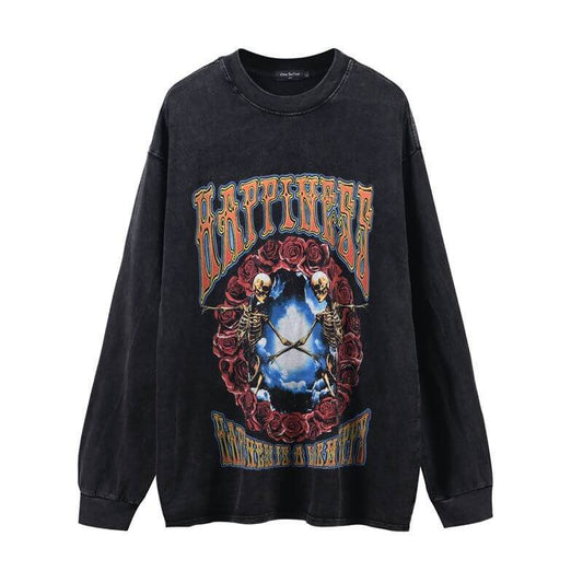 Happiness Rose Print Cotton Skull Sweatshirt