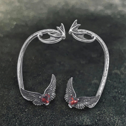 Heart Shape Zircon Devil Wings Stainless Steel Ear Cuff Earrings