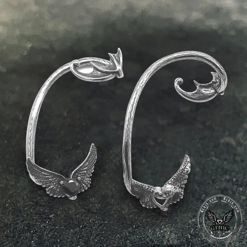 Heart Shape Zircon Devil Wings Stainless Steel Ear Cuff Earrings