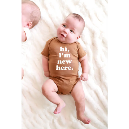 Hi, I'm New Here Baby Onesie in Almond