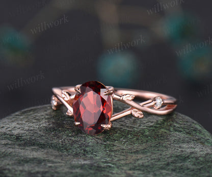 Vintage oval red garnet engagement ring nature inspired leaf three stone art deco diamond bridal wedding ring set women rose gold gemstone