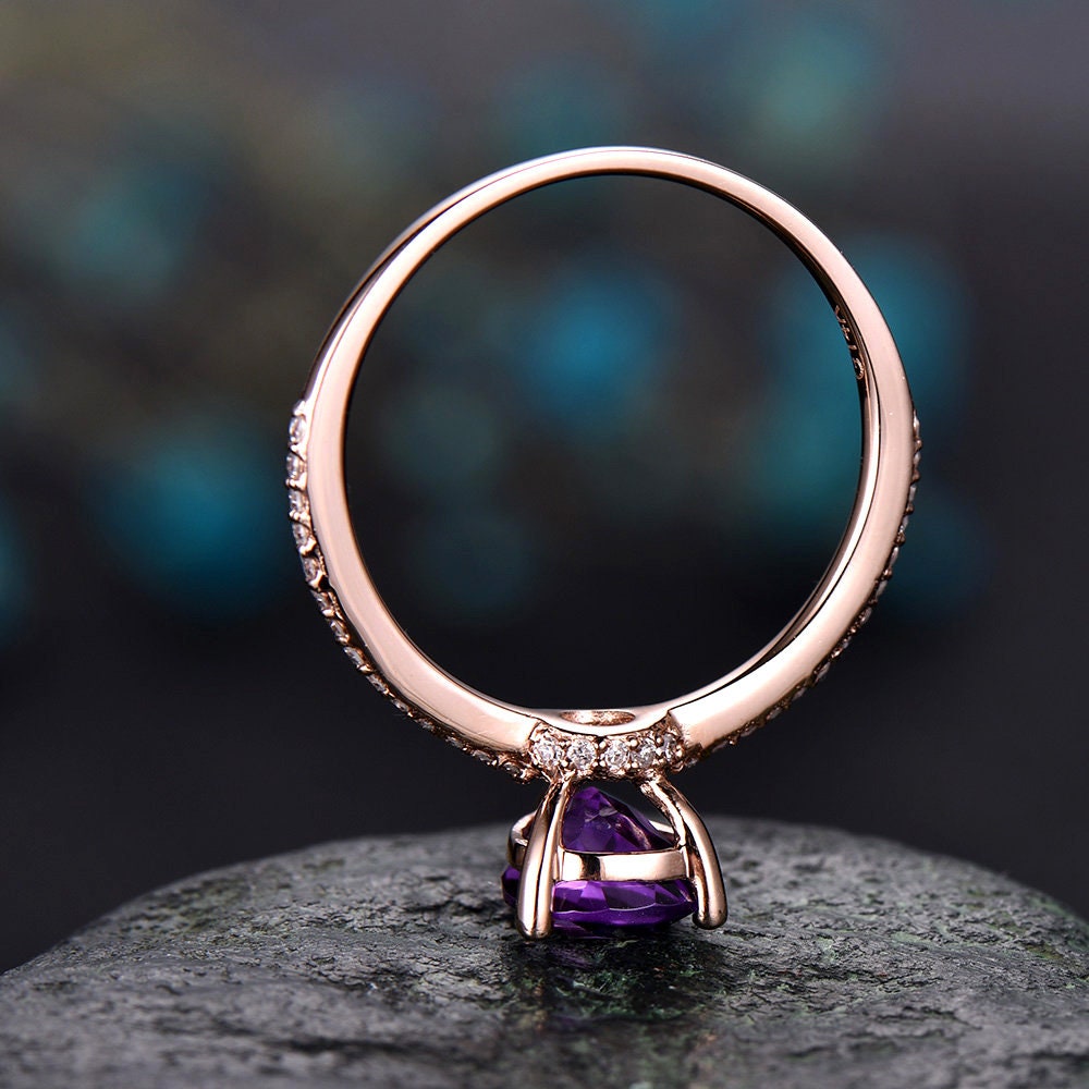 Amethyst engagement ring pear shaped-Solid 14k rose gold-handmade under halo diamond ring-pave set stacking band- February Birthstone ring