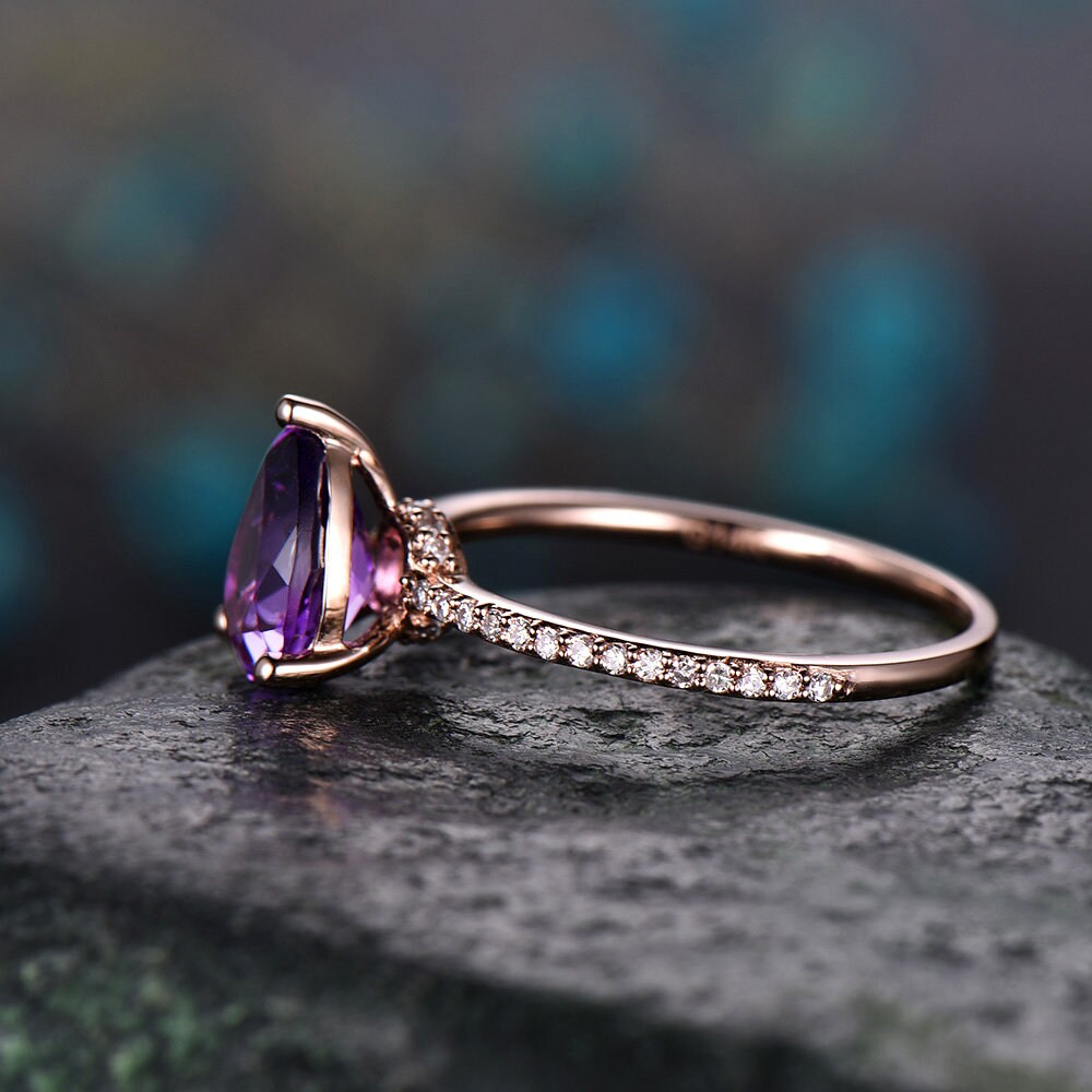 Amethyst engagement ring pear shaped-Solid 14k rose gold-handmade under halo diamond ring-pave set stacking band- February Birthstone ring
