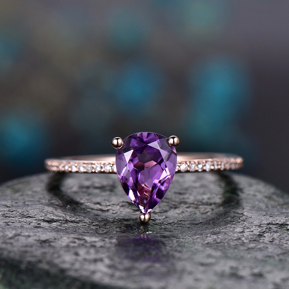 Amethyst engagement ring pear shaped-Solid 14k rose gold-handmade under halo diamond ring-pave set stacking band- February Birthstone ring
