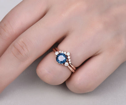 2pcs London blue topaz engagement ring set rose gold moissanite bridal ring set three stone engagement anniversary November birthstone ring