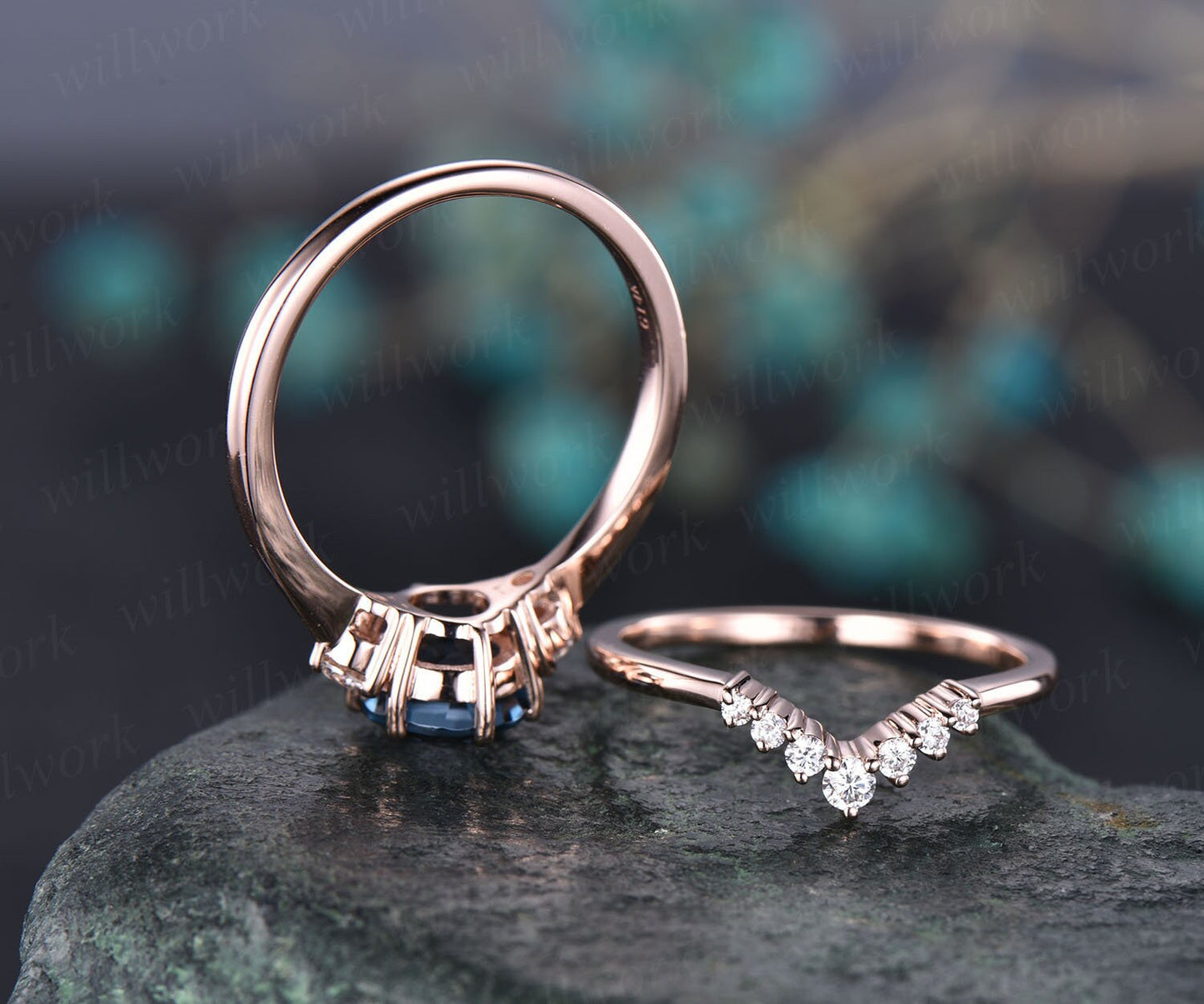 2pcs London blue topaz engagement ring set rose gold moissanite bridal ring set three stone engagement anniversary November birthstone ring
