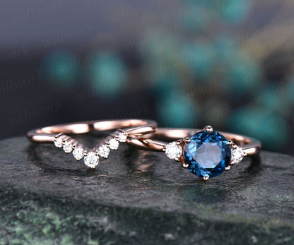 2pcs London blue topaz engagement ring set rose gold moissanite bridal ring set three stone engagement anniversary November birthstone ring