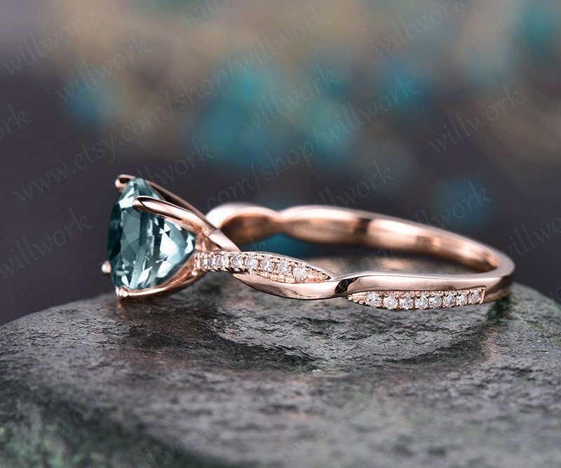 7mm round cut Alexandrite engagement ring solid 14k rose gold twisted real dianond ring Alexandrite ring vintage bridal wedding promise ring