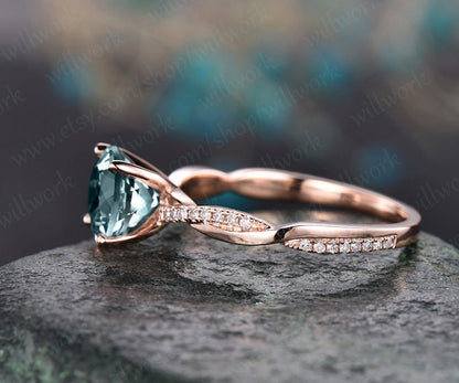 7mm round cut Alexandrite engagement ring solid 14k rose gold twisted real dianond ring Alexandrite ring vintage bridal wedding promise ring