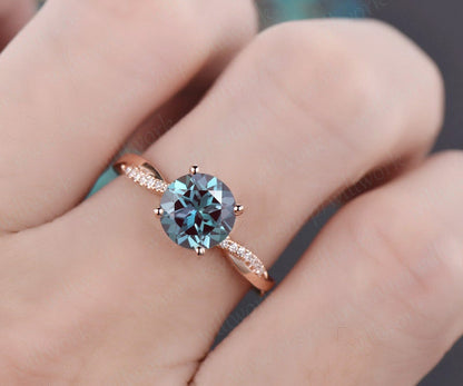 7mm round cut Alexandrite engagement ring solid 14k rose gold twisted real dianond ring Alexandrite ring vintage bridal wedding promise ring