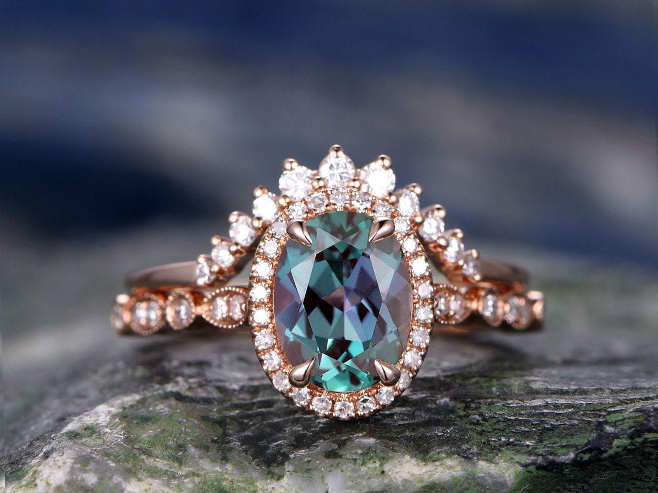2pcs Alexandrite bridal set color change Alexandrite engagement ring set rose gold marquise diamond halo moissanite crown wedding ring band