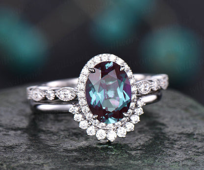 2pcs Alexandrite bridal set color change Alexandrite engagement ring set rose gold marquise diamond halo moissanite crown wedding ring band