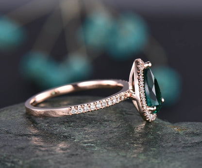 6x9mm Pear cut emerald engagement ring rose gold diamond halo vintage unique engagement ring May birthstone ring wedding anniversary gift