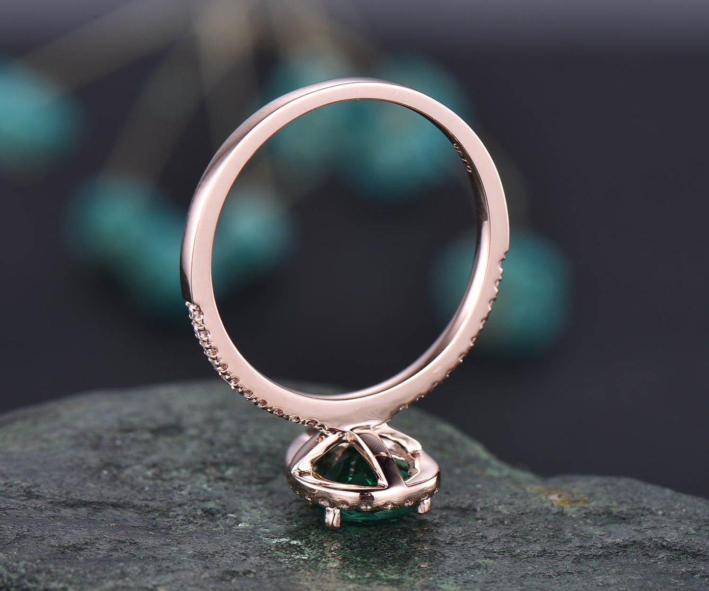 6x9mm Pear cut emerald engagement ring rose gold diamond halo vintage unique engagement ring May birthstone ring wedding anniversary gift