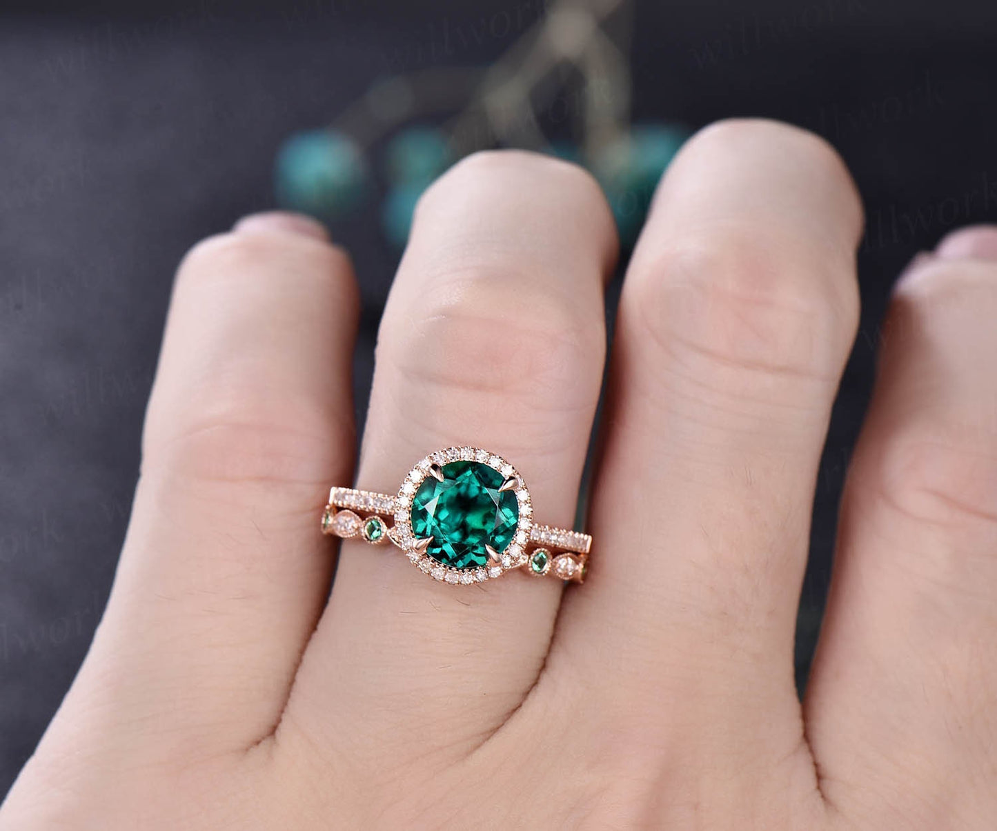 2pcs 8mm round Lab treated emerald engagement ring set rose gold natural emerald diamond wedding band vintage wedding bridal ring set gift