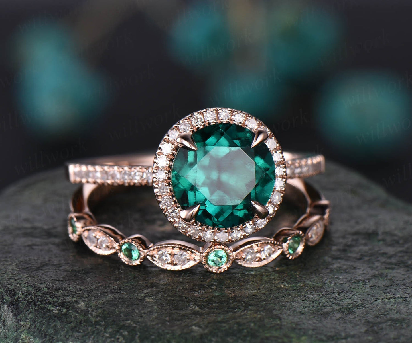 2pcs 8mm round Lab treated emerald engagement ring set rose gold natural emerald diamond wedding band vintage wedding bridal ring set gift