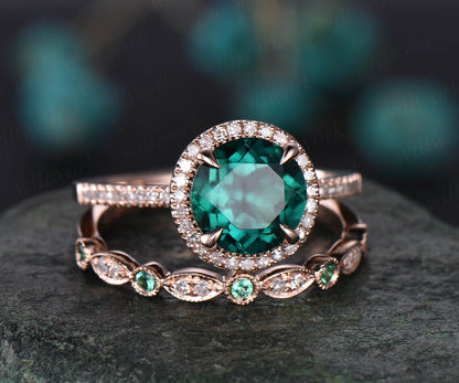 2pcs 8mm round Lab treated emerald engagement ring set rose gold natural emerald diamond wedding band vintage wedding bridal ring set gift