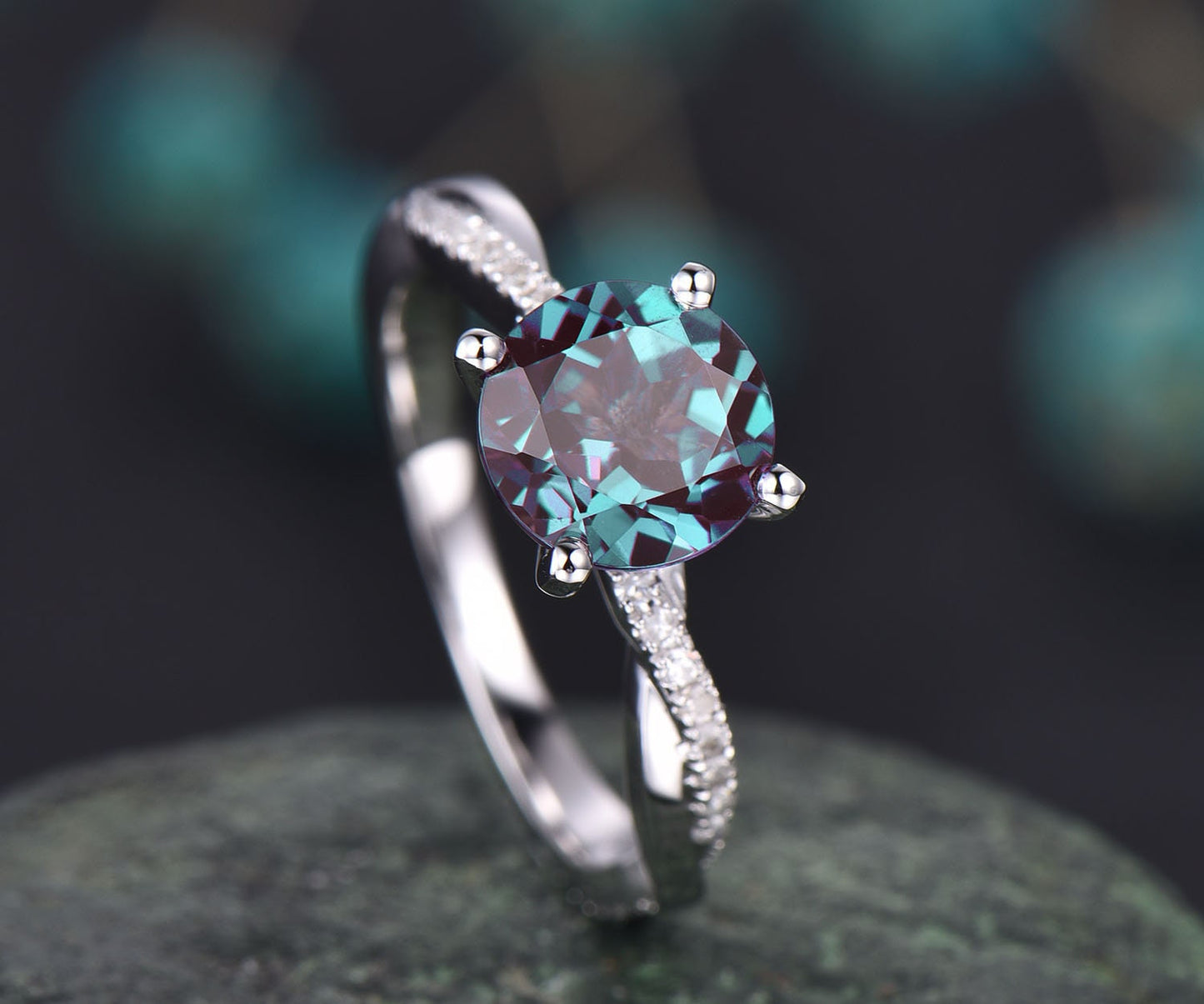 7mm round cut Alexandrite engagement ring solid 14k rose gold twisted real dianond ring Alexandrite ring vintage bridal wedding promise ring