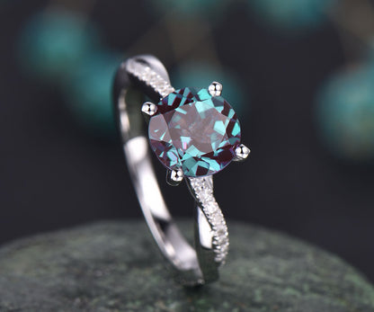 7mm round cut Alexandrite engagement ring solid 14k rose gold twisted real dianond ring Alexandrite ring vintage bridal wedding promise ring