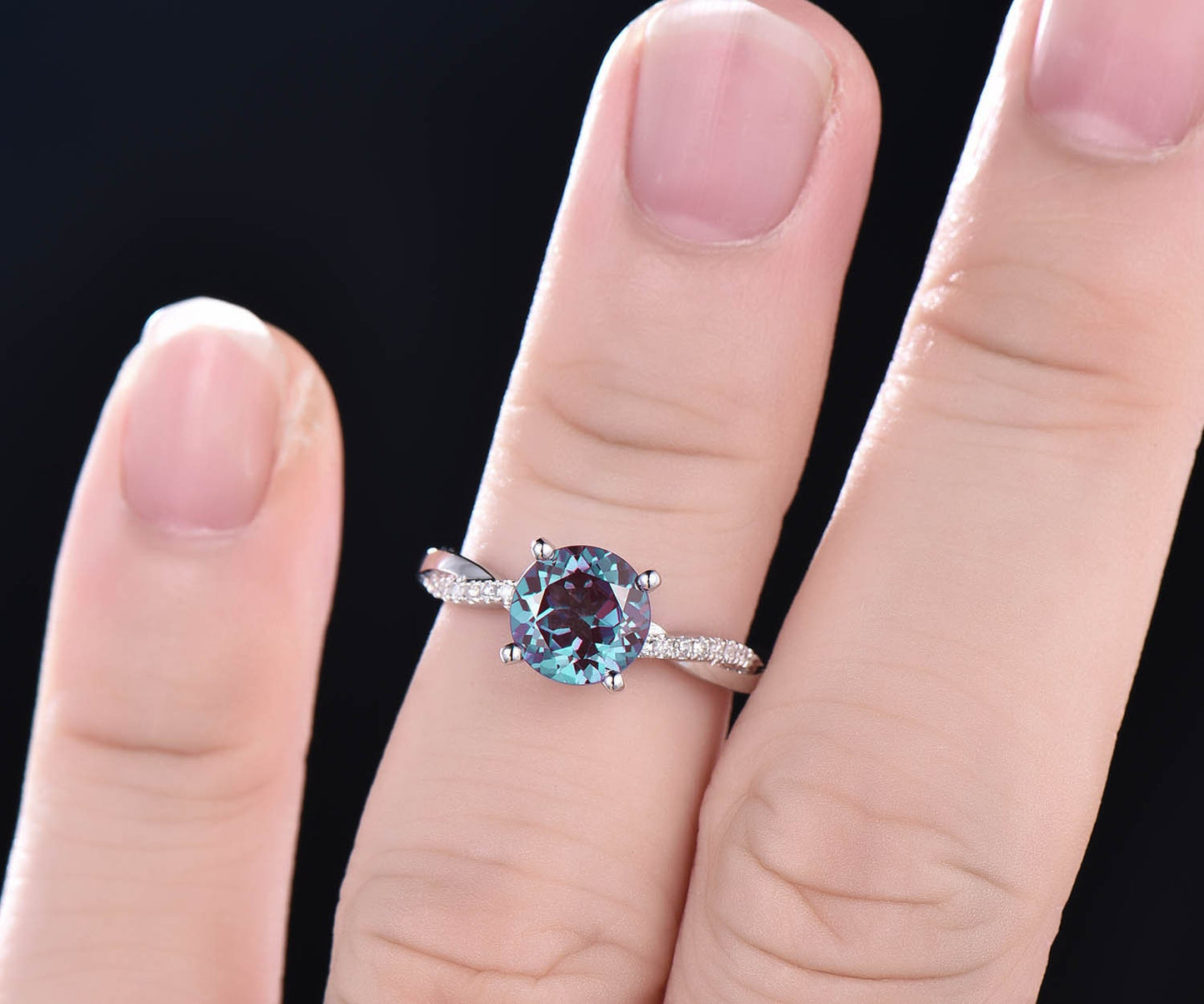 7mm round cut Alexandrite engagement ring solid 14k rose gold twisted real dianond ring Alexandrite ring vintage bridal wedding promise ring