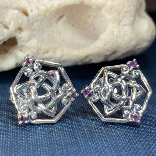 Amethyst Trinity Knot Stud Earrings