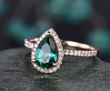 6x9mm Pear cut emerald engagement ring rose gold diamond halo vintage unique engagement ring May birthstone ring wedding anniversary gift