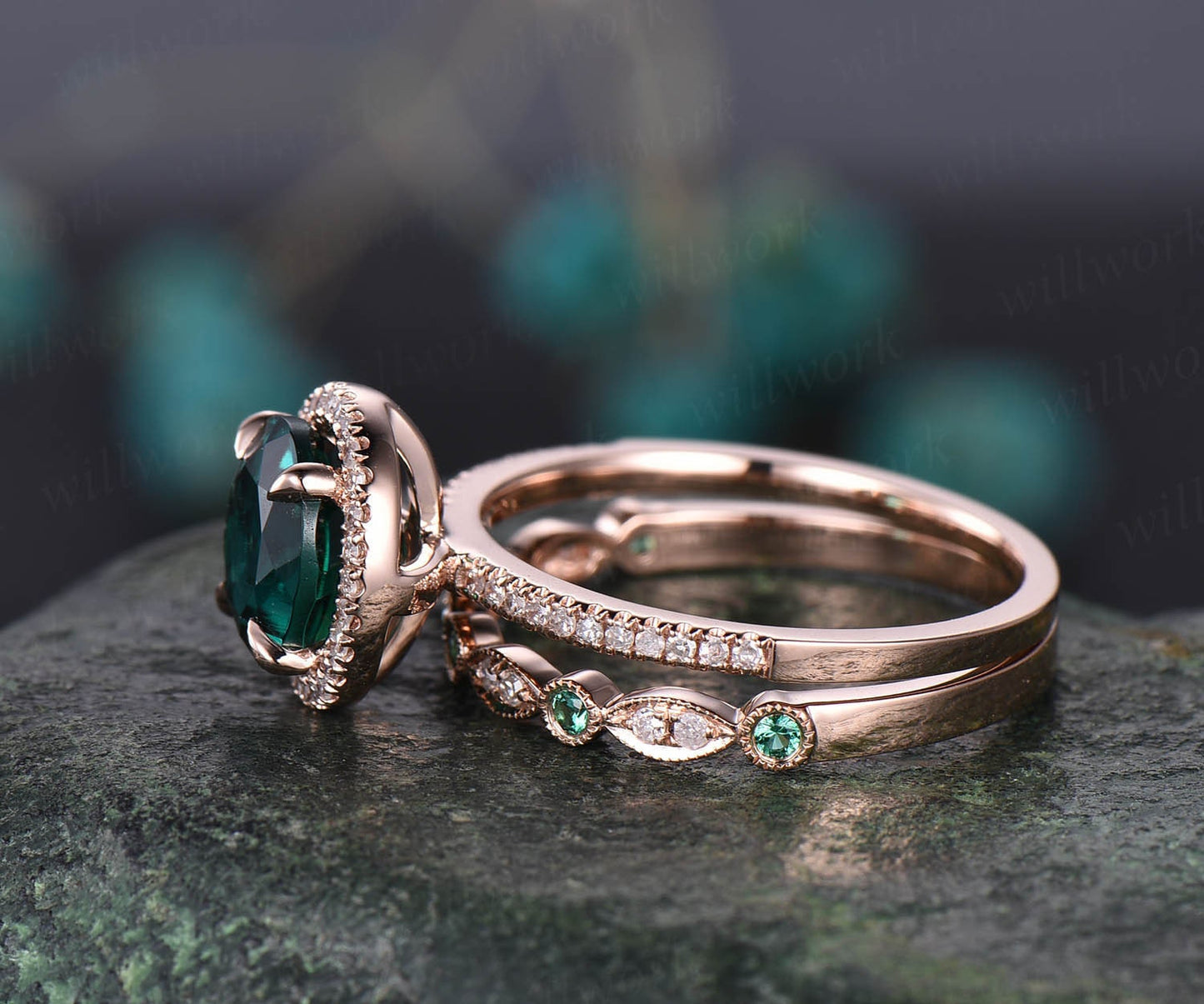 2pcs 8mm round Lab treated emerald engagement ring set rose gold natural emerald diamond wedding band vintage wedding bridal ring set gift