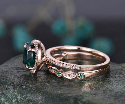 2pcs 8mm round Lab treated emerald engagement ring set rose gold natural emerald diamond wedding band vintage wedding bridal ring set gift