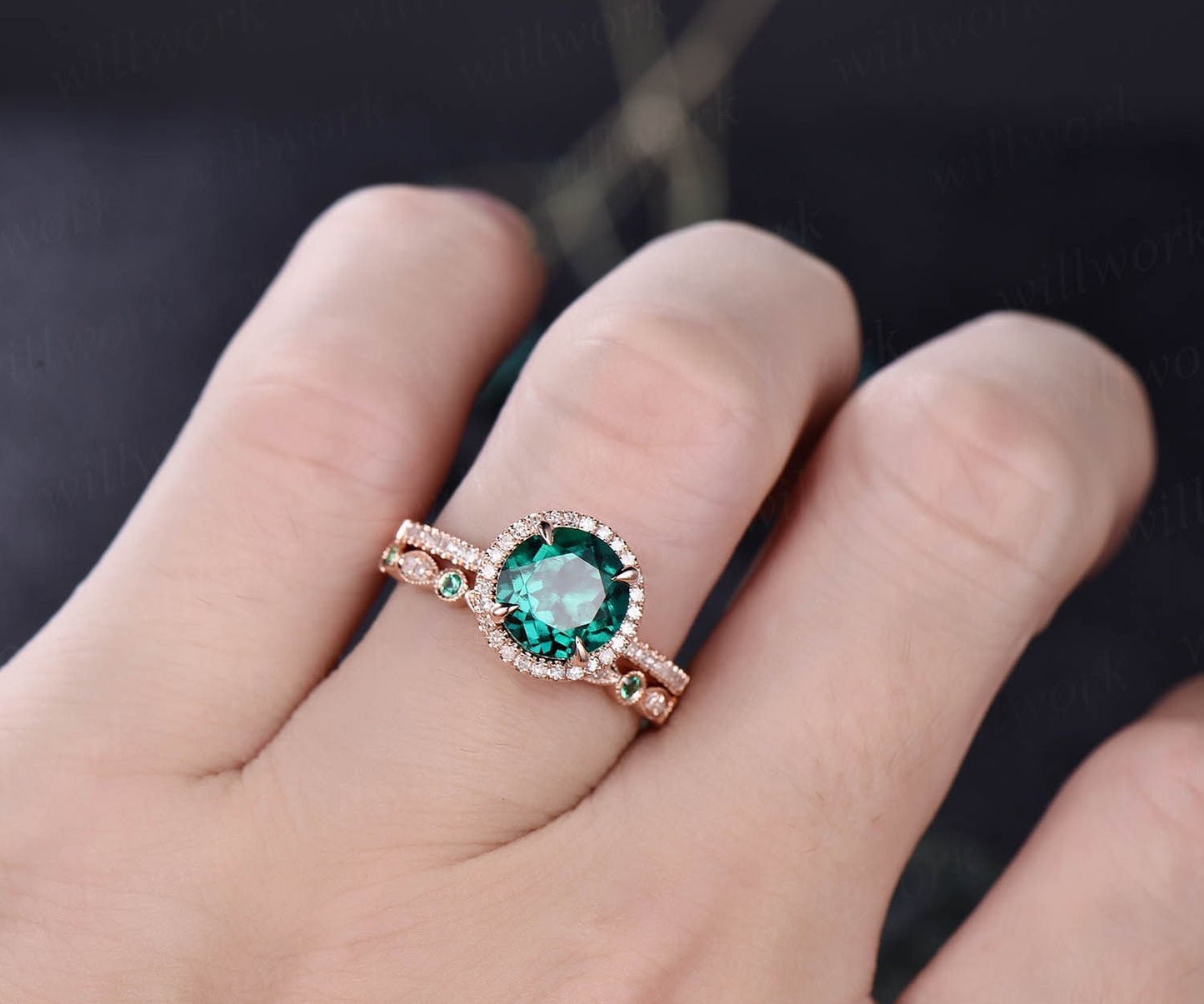 2pcs 8mm round Lab treated emerald engagement ring set rose gold natural emerald diamond wedding band vintage wedding bridal ring set gift