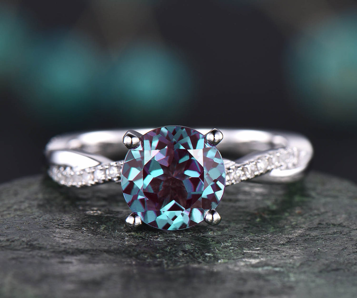 7mm round cut Alexandrite engagement ring solid 14k rose gold twisted real dianond ring Alexandrite ring vintage bridal wedding promise ring