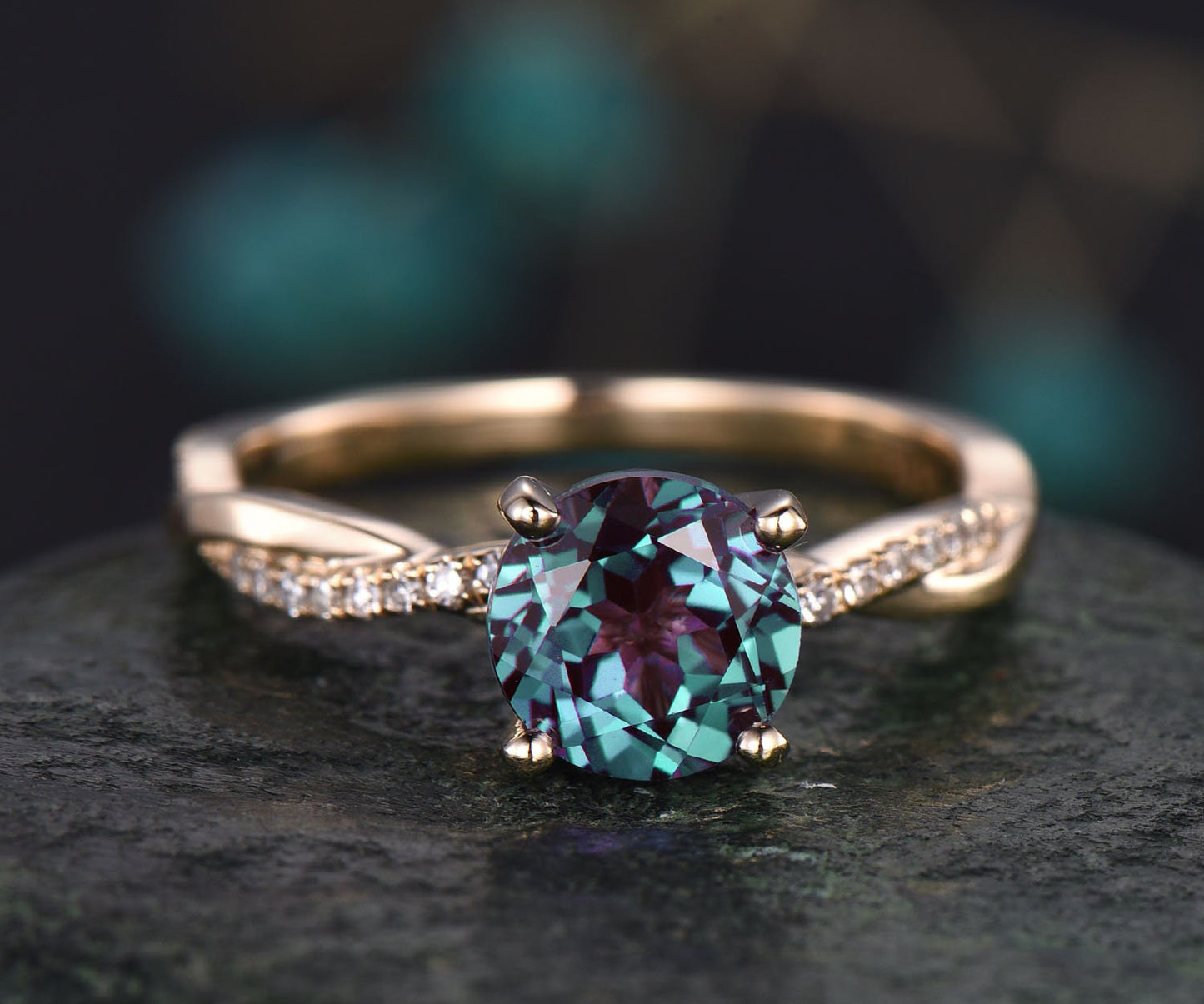 7mm round cut Alexandrite engagement ring solid 14k rose gold twisted real dianond ring Alexandrite ring vintage bridal wedding promise ring