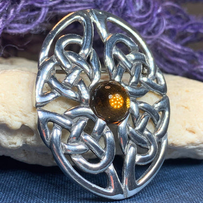 Amber Oval Celtic Knot Brooch