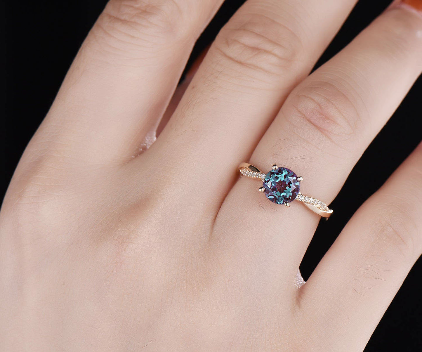7mm round cut Alexandrite engagement ring solid 14k rose gold twisted real dianond ring Alexandrite ring vintage bridal wedding promise ring