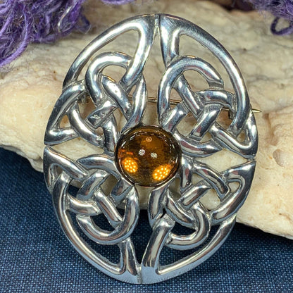 Amber Oval Celtic Knot Brooch