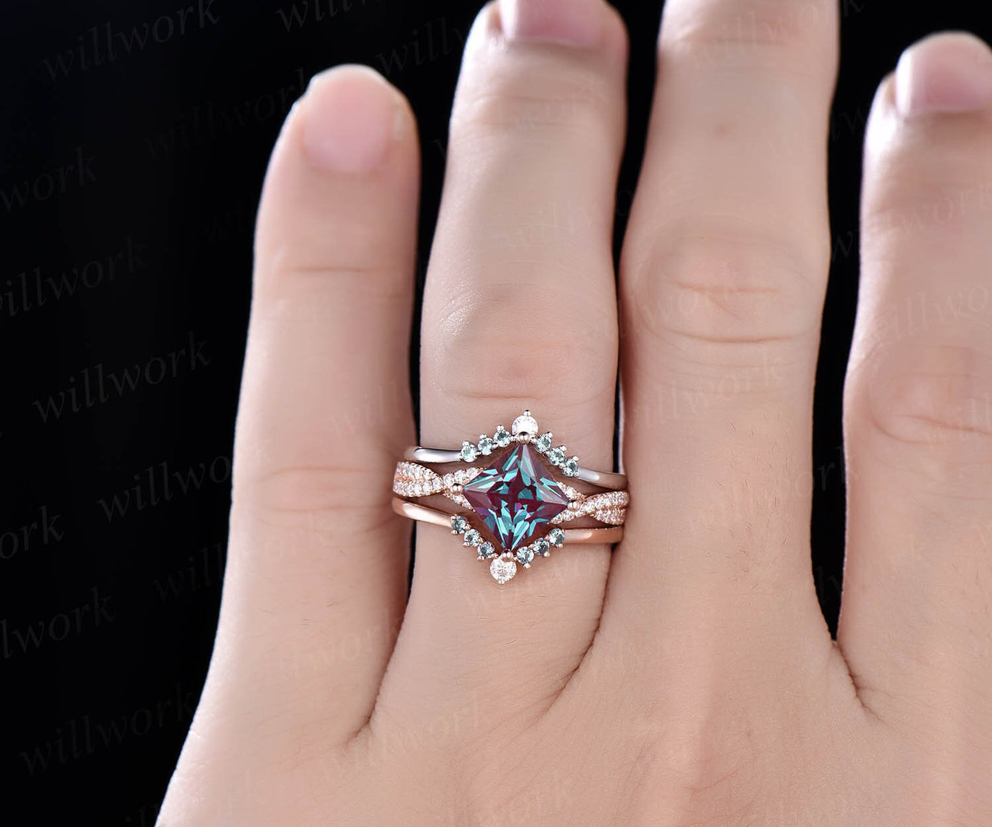 3pcs Alexandrite bridal set princess cut Alexandrite engagement ring set 14k rose gold vintage diamond ring Alexandrite stack wedding band