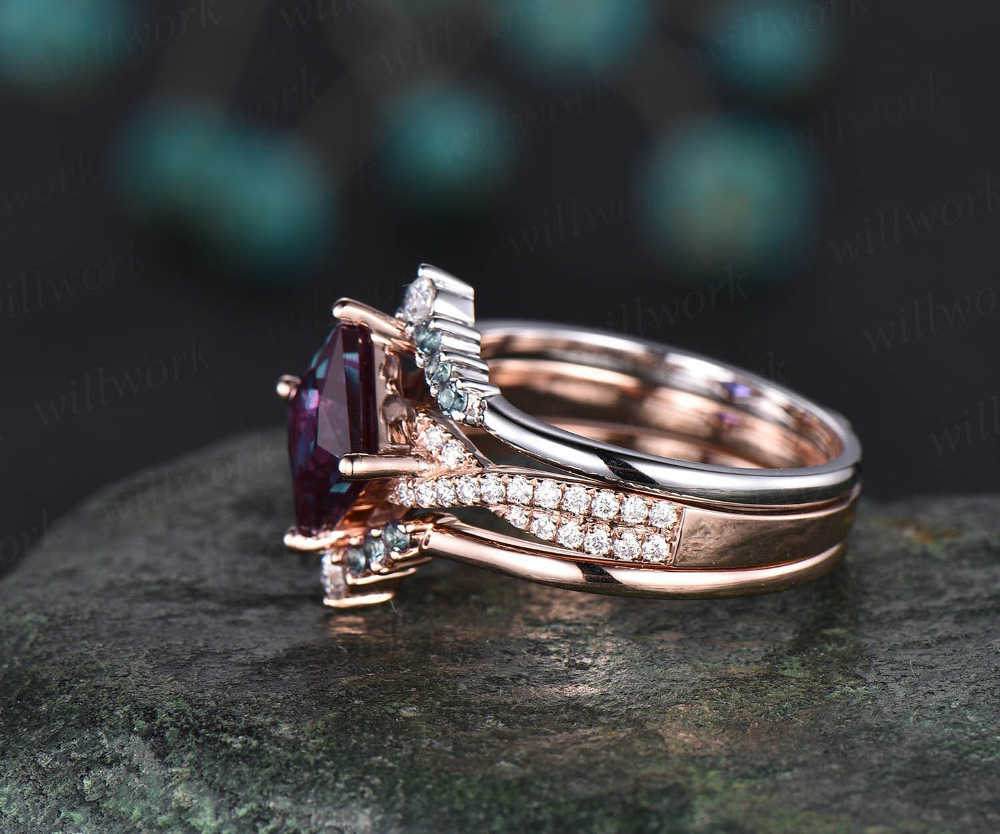 3pcs Alexandrite bridal set princess cut Alexandrite engagement ring set 14k rose gold vintage diamond ring Alexandrite stack wedding band