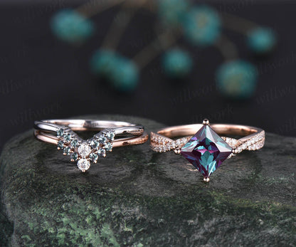 3pcs Alexandrite bridal set princess cut Alexandrite engagement ring set 14k rose gold vintage diamond ring Alexandrite stack wedding band