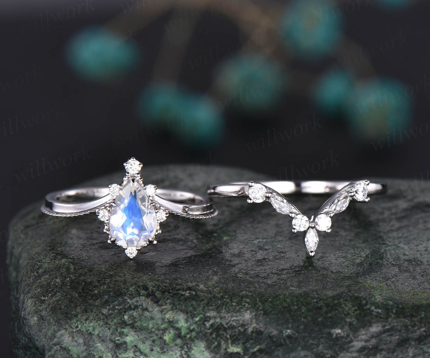 2pcs pear moonstone ring gold vintage moonstone engagement ring set white gold June birthstone ring cluster moissanite ring bridal set gift