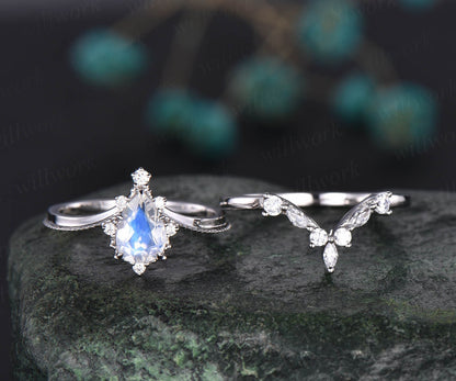2pcs pear moonstone ring gold vintage moonstone engagement ring set white gold June birthstone ring cluster moissanite ring bridal set gift