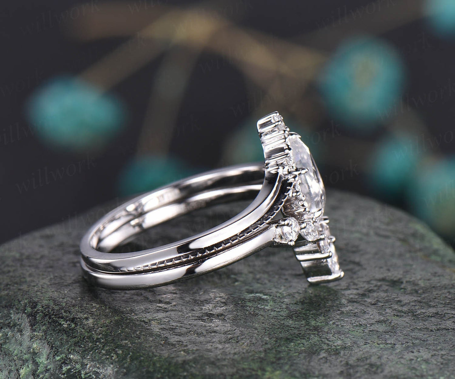 2pcs pear moonstone ring gold vintage moonstone engagement ring set white gold June birthstone ring cluster moissanite ring bridal set gift