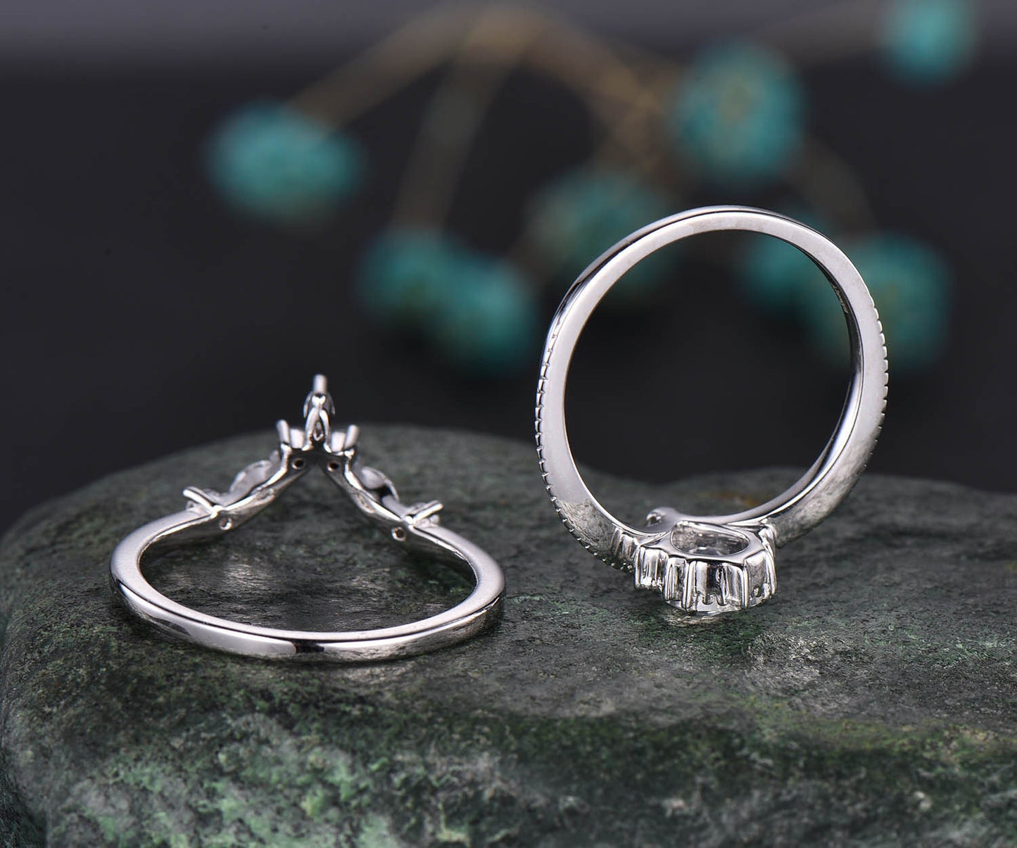 2pcs pear moonstone ring gold vintage moonstone engagement ring set white gold June birthstone ring cluster moissanite ring bridal set gift