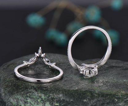 2pcs pear moonstone ring gold vintage moonstone engagement ring set white gold June birthstone ring cluster moissanite ring bridal set gift