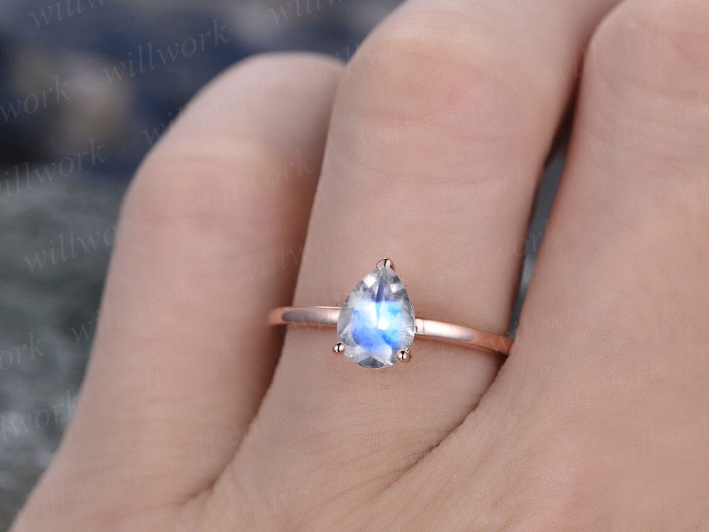 Natural moonstone ring gold vintage solitaire ring pear moonstone engagement ring 14k/18k rose gold June birthstone ring anniversary gift