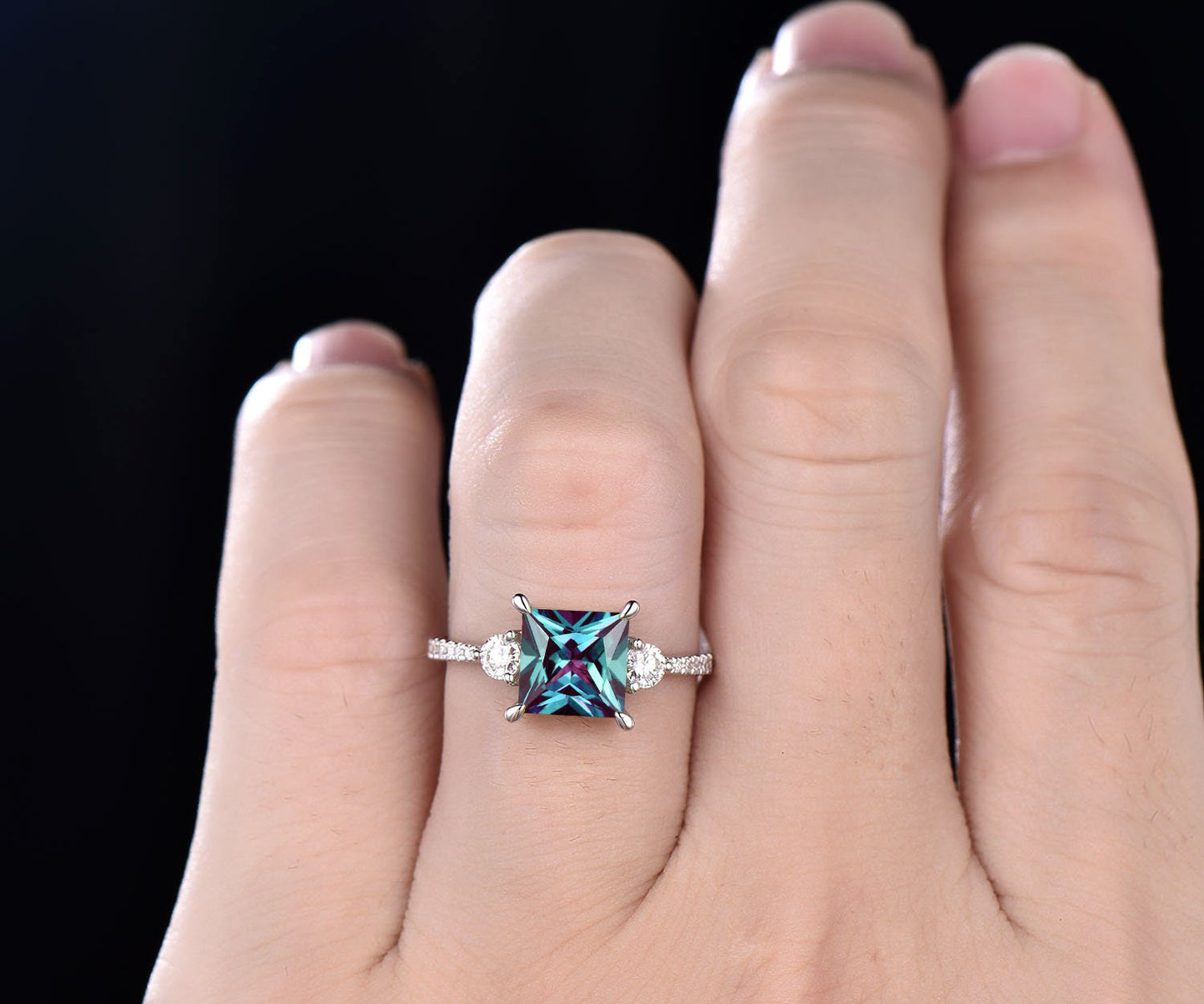7mm princess cut Alexandrite engagement ring white gold moissanite ring for women dainty custom ring June birthstone ring promise ring her
