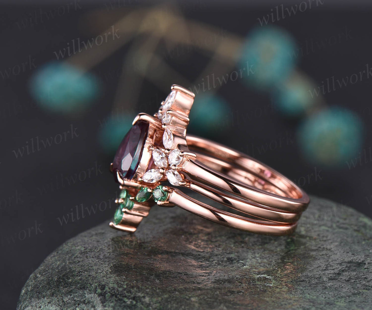 2pcs Alexandrite engagement ring set vintage marquise emerald moissanite ring for women rose gold ring dainty jewelry wedding ring set gift