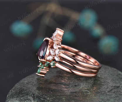 2pcs Alexandrite engagement ring set vintage marquise emerald moissanite ring for women rose gold ring dainty jewelry wedding ring set gift