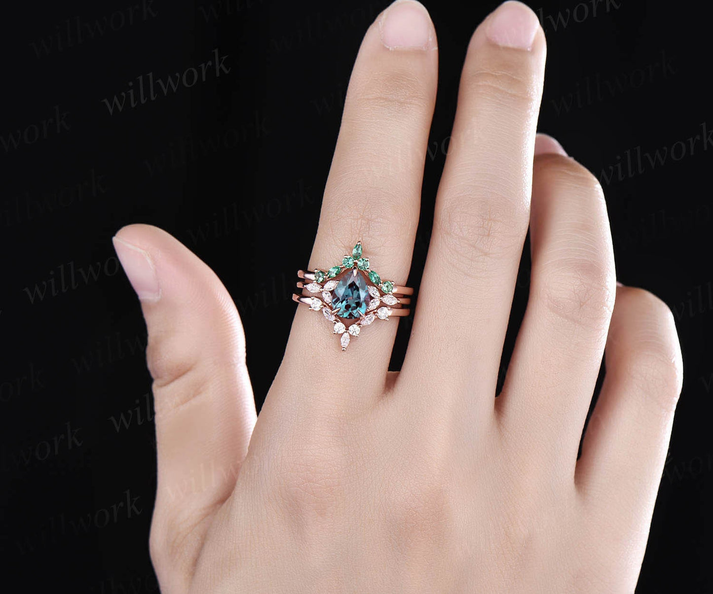 2pcs Alexandrite engagement ring set vintage marquise emerald moissanite ring for women rose gold ring dainty jewelry wedding ring set gift