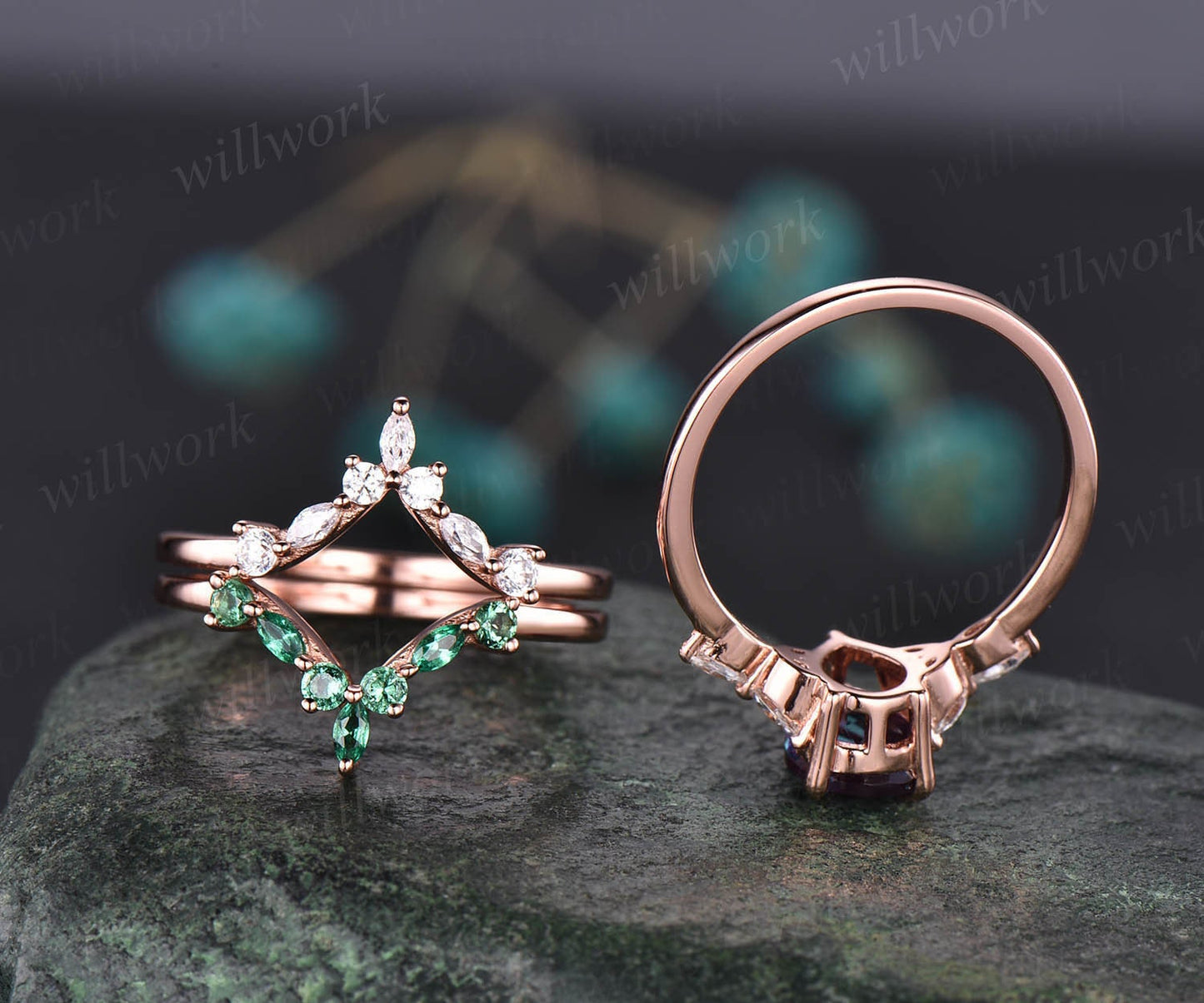 2pcs Alexandrite engagement ring set vintage marquise emerald moissanite ring for women rose gold ring dainty jewelry wedding ring set gift